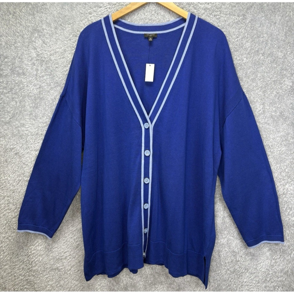 Talbots Plus Women 3X Blue Cardigan Sweater Cotton Blend Button Front NEW